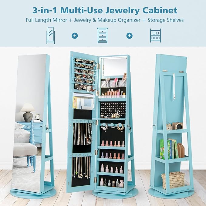 Mirror Jewelry Cabinet Standing with Full Length Mirror, 360° Swivel Jewelry Armoire with 3-Color LED Lights & Foldable Makeup Shelf, Lockable Organizer for Women, Space-Saving (Sky Blue)