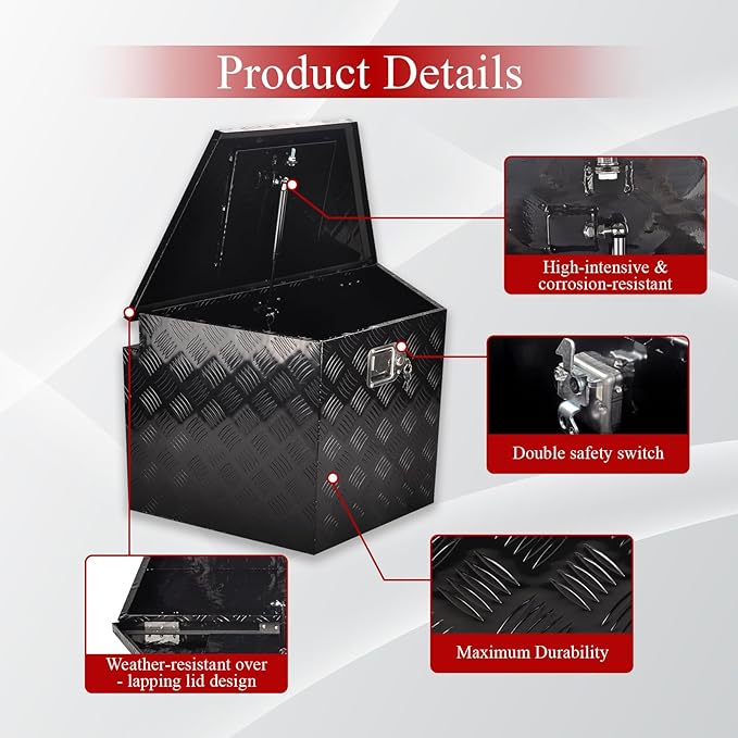 29''Inch Aluminum Trailer Tongue Tool Box Truck Bed Toolbox Truck Trailer Chest Box Underbody Storage Organizer Waterproof Square Storage Organizer w/Lock & Keys Black(‎29" Lx16.5 Wx18 H)