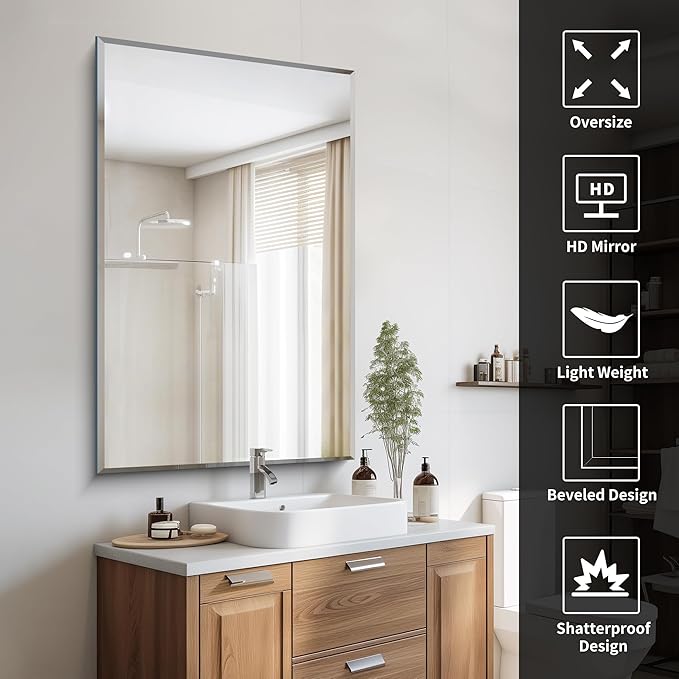 CILIBER Beveled Bathroom Mirror, 30x48 Large Frameless Mirrors for Over Sink, Upgraded Shatterproof Beveled Frameless Vanity Mirror for Bedroom, Living Room and Entryway (Horizontal/Vertical)