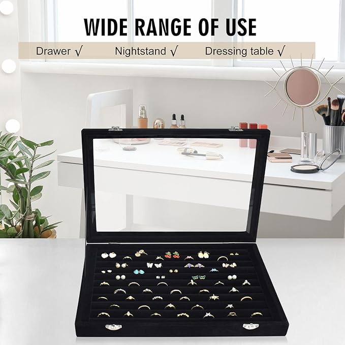 Rings Organizer Tray 10 Slots Velvet Ring Display Tray Insert Jewelry Earring Storage Box with Transparent Glass lid Can Hold 100 Rings Earrings Suitable for Girls and Women (Black)