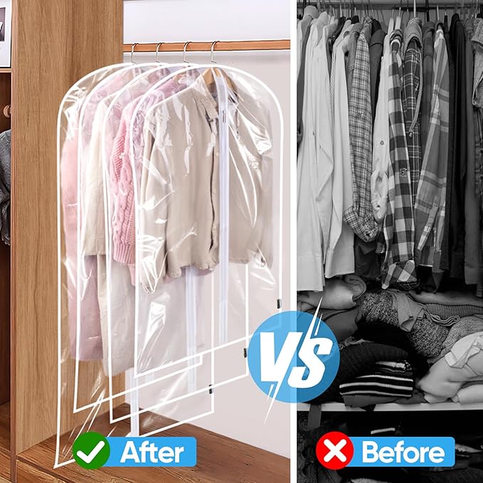BALEINE 40'' Clear Garment Bags, 6 Packs PEVA Dress Bag for Closet Clothes Dresses Suit Coats Storage (Clear, 6PK)