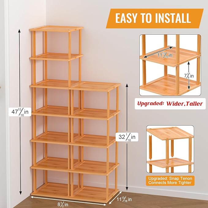 Bamboo Free Standing Shoe Rack Shelf Multi Tier Tall Wooden Stackable Shoes Rack Organizer for Closet Front Door Entrance Narrow Vertical Shoe Storage (Nature, 12 Tiers)