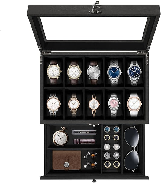 Uten 10-Slot Watch Box, 2-Layers Solid Wood Watch Display Case with Glass Lid, Watch Holder Organizer with Soft Pillow and Velvet Lining, Watch and Jewelry Storage Box, Black