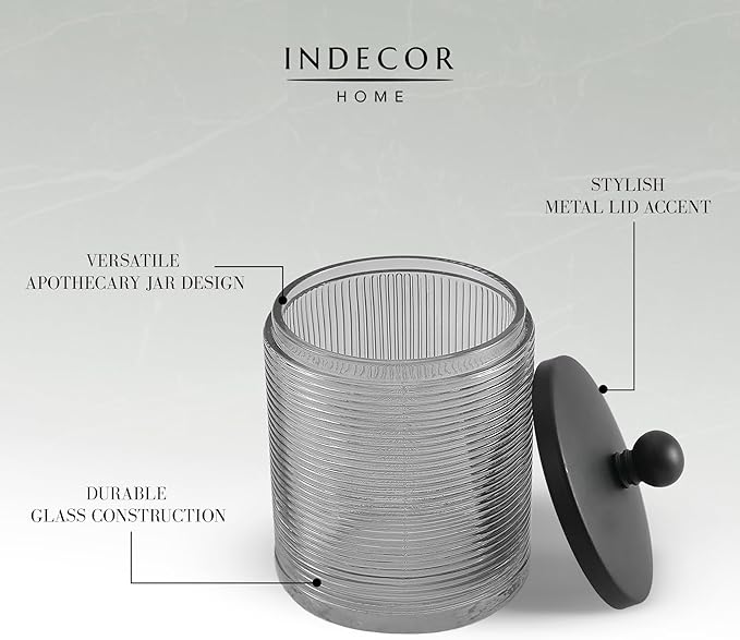 Gray Colored Tranlucent Apothecary Ribbed Geo Etched Glass Jar W/Matte Black Metal Lid Cover for Bathroom Organization, Cotton Balls, Q Tips, and Small Accessories, Bathroom Storage