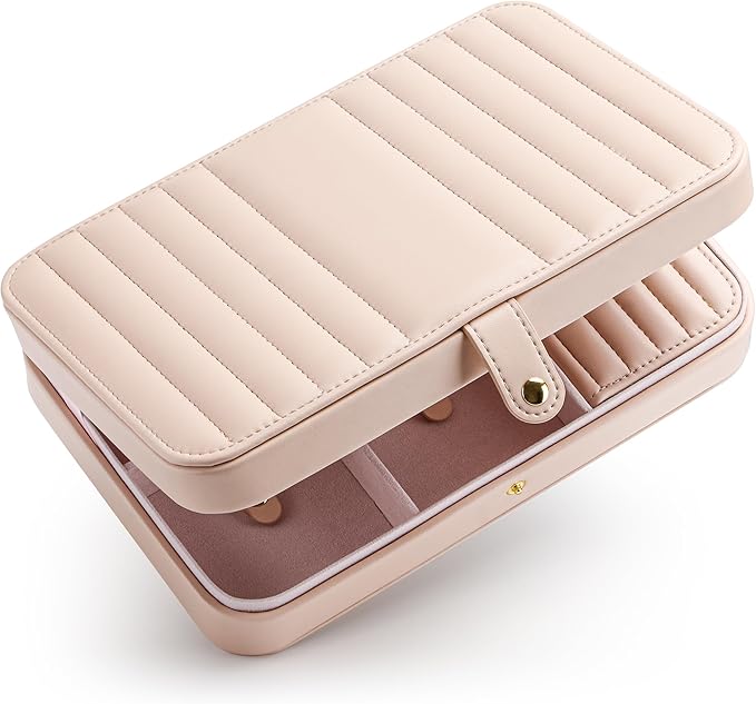 VELORIA PU Leather Travel Jewelry Organizer Case, Snap-Clasp Necklace Holder with Elastic Pouch, Ring & Earring Storage, Compact Jewelry Box for Bracelets and Bangles, Cloud Pink