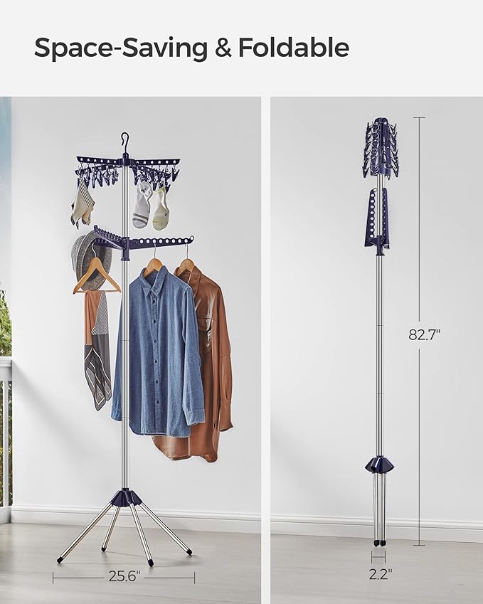 SONGMICS 2-Tier Clothes Drying Rack, 72-Inch Folding Laundry Drying Rack with 3 Rotatable Arms for Hangers, 24 Clips, Stainless Steel, for 27 Pieces of Clothes, Blue and Silver ULLR512Q01