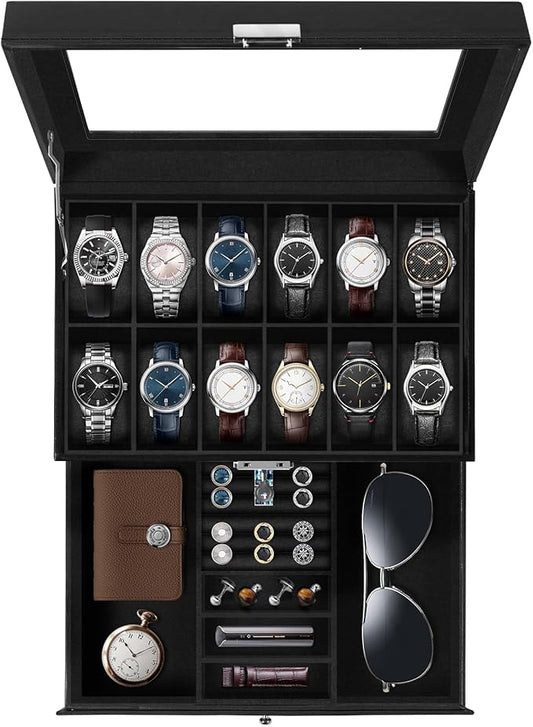 Uten 12-Slot Watch Box, 2-Layers PU Leather Watch Case with Glass Lid, Watch Holder Organizer with Soft Pillow and Velvet Lining, Watch and Jewelry Storage Box, Black