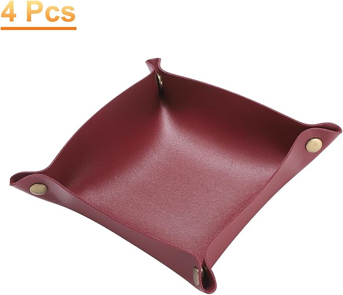 HARFINGTON 4pcs PU Leather Valet Tray Unisex Folding Small Catchall Tray Portable Entryway Table Tray Nightstand Bedside Desk Tray for Key Wallet Watch Coin Jewelry Dice, Wine Red