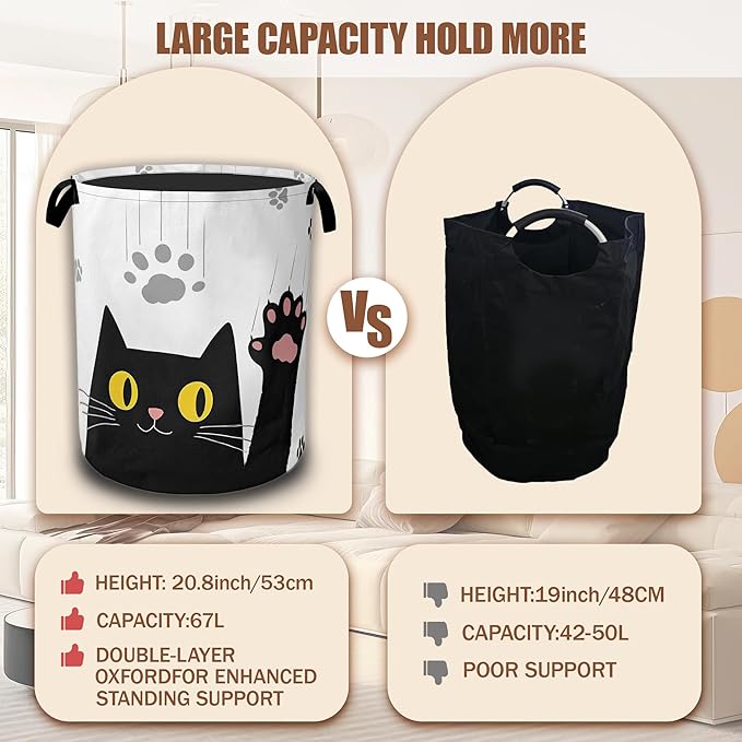 Black Cats Laundry Hamper,Collapsible Laundry Baskets Waterproof Oxford Cloth With Handles,Clothes Storage Bucket Toy Organizer For Bathroom/Nursery/Bedroom 16" x 20.8"