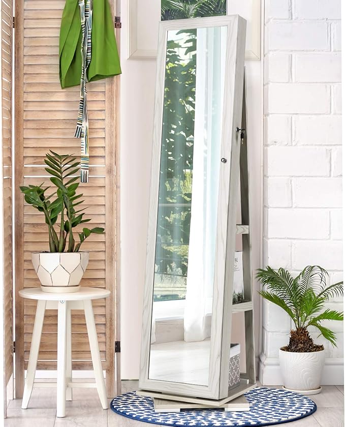 360° Swivel LED Mirror Jewelry Cabinet with Full Length Mirror, Lockable Floor Standing Mirrored Jewelry Armoire Organizer w/Inside Makeup Mirror & Back Storage Shelves (Grayish White)