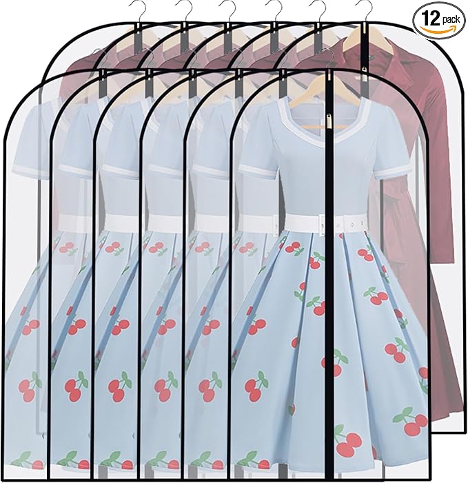 Garment Bags for Hanging Clothes (24''X48'' Set of 12) Suit Bags for Closet Storage Plastic Waterproof Suit Cover Bags with Zipper for Suit, Sweaters, Coat Protector Travel Closet Clothing