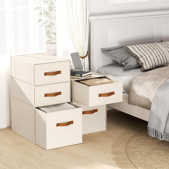 DIMJ Closet Organizers and Storage - Fabric Storage Bins with Drawers Stackable Closet Bins with Labels for Clothes, Sweaters, Bedding, Collapsible Storage Cubes for Bedroom, Living Room, Shelf