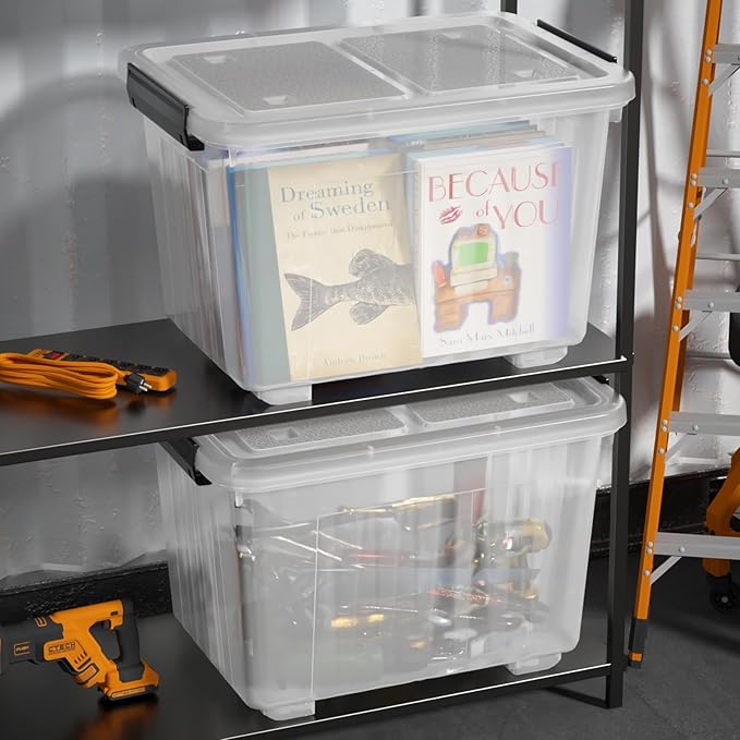 50 L Plastic Storage Bin with Wheels, Large Clear Latching Storage Box, 4 Pack