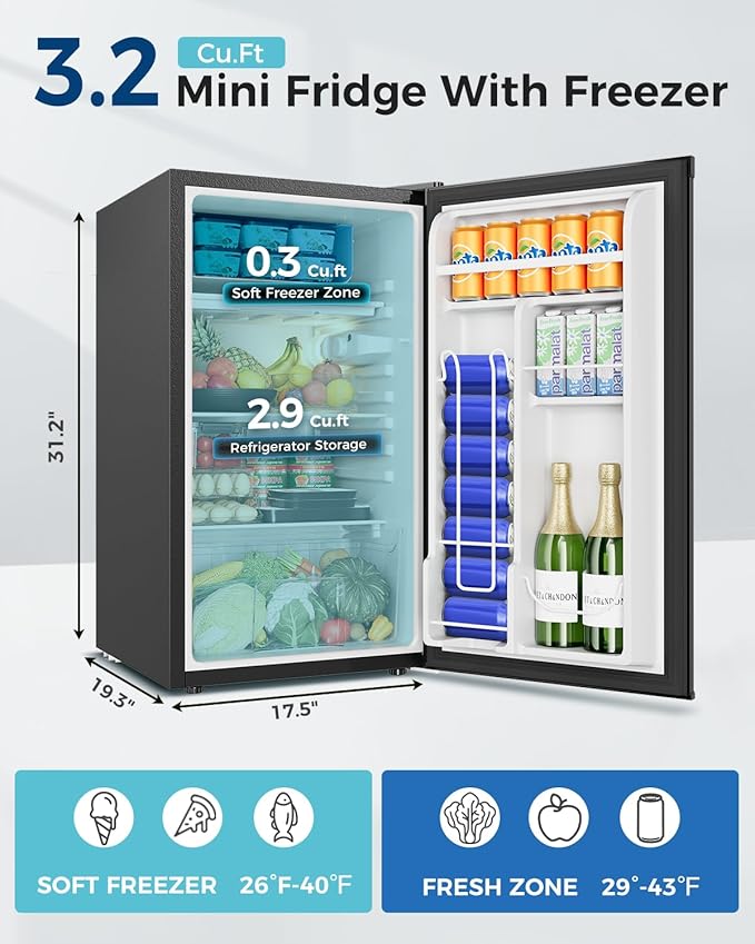 Mini Fridge with Freezer - 3.2 Cu.Ft Single Door Mini Refrigerator with Adjustable Thermostat, Small Fridge for Bedroom, Apartment, Dorm - Black