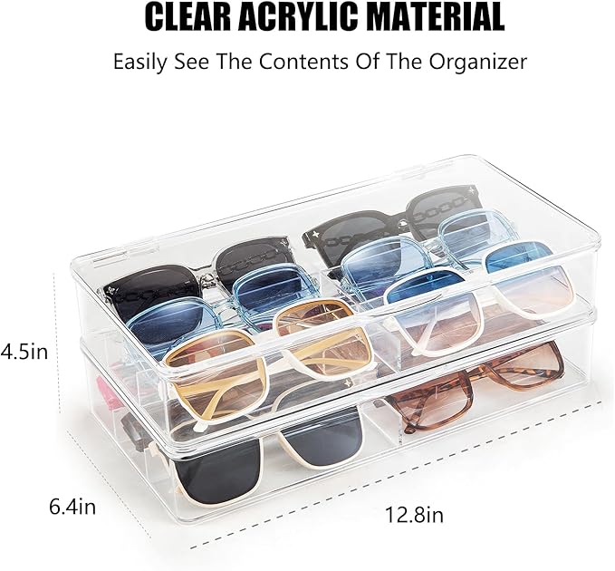 BOPai Acrylic Sunglasses Organizer with Lid, Stackable Glasses Storage Organizer - 2 Pack