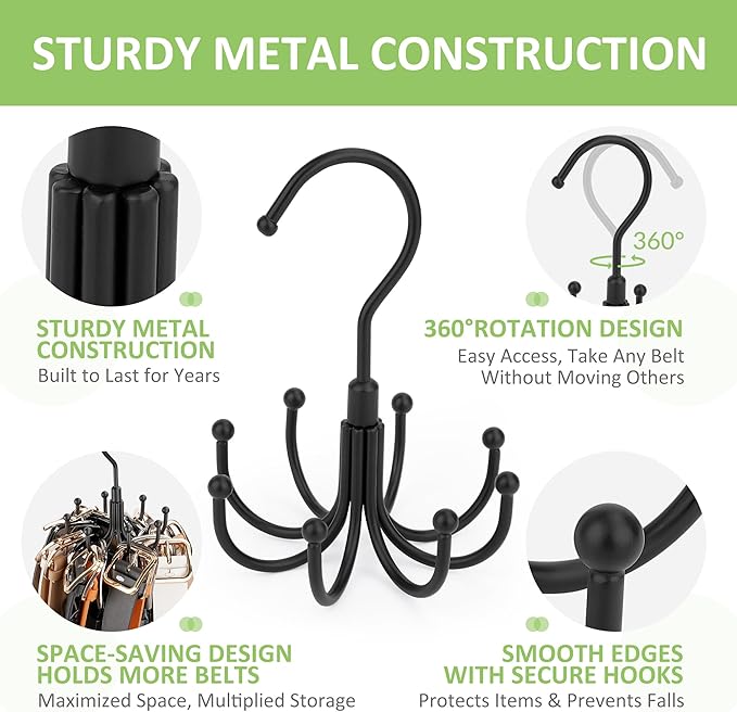 Belt Hanger, Rotatable Belt Organizer for Closet, Accessories Rack, Space Saving Hanging Holder Storage Hook for Belt, Tie, Scarf, Purse, Bra, Tank Top, Black