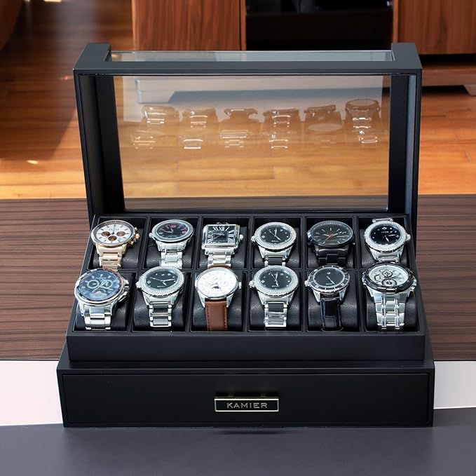 High End Watch Box for Men, 12 Slot Wooden Watch Case With Drawer, Watch Display Box with Glass Lid, 2-Layer Watch Holder for Jewelry and Watch Storage for Men Women , Ideal for Gift (With Gift Box)