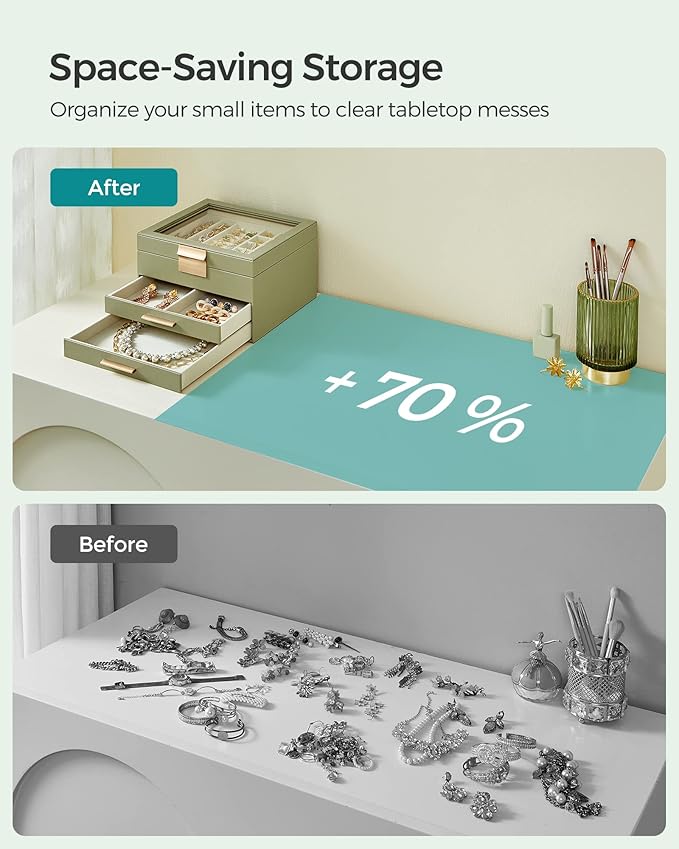 SONGMICS Jewelry Box Organizer with Glass Lid, 3-Layer Jewelry Storage, with 2 Drawers, Modern Style, 8 x 9.1 x 5.3 Inches, Laurel Green and Gold Color UJBC239C02