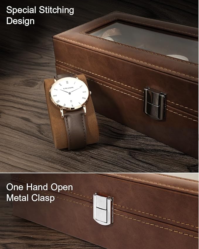 Uten 6 Slots Watch Box, PU Leather Watch Case with Glass Lid, Watch Holder Organizer with Soft Pillow and Velvet Lining, Watch and Jewelry Storage Box, Brown