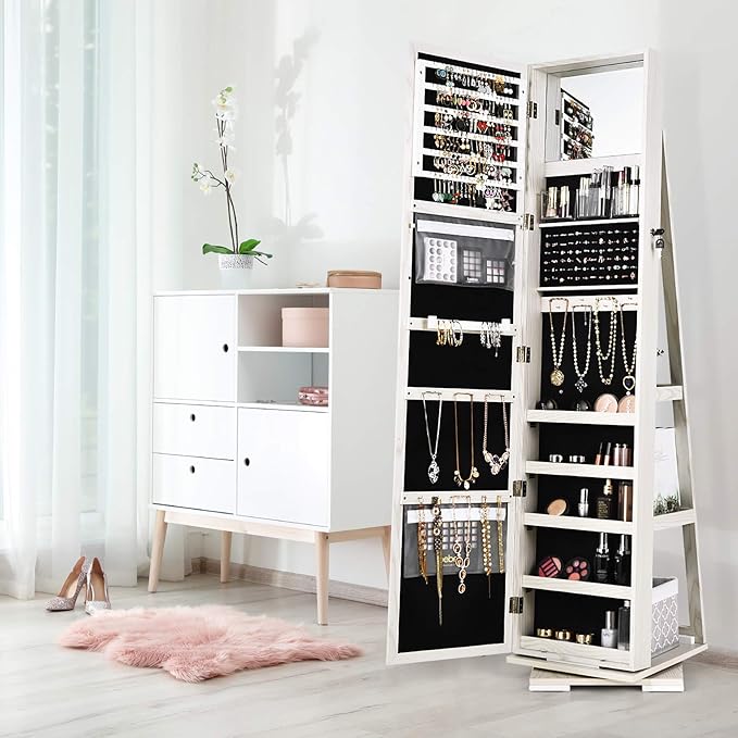 CHARMAID 360° Swivel Jewelry Armoire with Higher Full Length Mirror & Inside Makeup Mirror, Standing Lockable Jewelry Cabinet Organizer, Large Capacity, Back Storage Shelves (Grayish White)