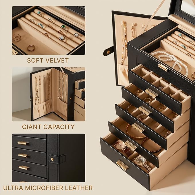 Large Leather Jewelry Box Organizer 6 layer Jewelry Storage Case for Women Girls Ring Necklace Earring Bracelet Holder with Mirror Valentine's Day Gift(Black)