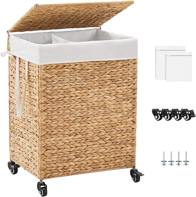 2-Section Laundry Hamper with Lid, Large Capacity Woven Natural Water Hyacinth Laundry Sorter with Removable Liners, Rolling or Non-Slip Design for Bedroom(Natural, 2-Section)