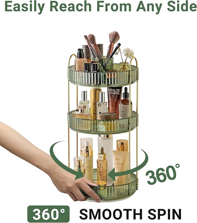 360 Rotating Makeup Organizer,3 Tier Large Capacity Make Up Organizers and Storage,Skincare Perfume Vanity Organizers,Bathroom Cosmetics Storage Organizer Countertop (Green)