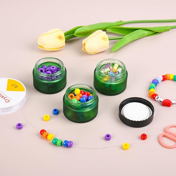 Glass Jars with Lids,Eco-Friendly Cosmetic Containers with Airtight Black Lids & Liners, Multi-Color Options for Cream, Lotion, Body Butter, DIY Skincare Travel Jars (Green Frosted, 1oz)