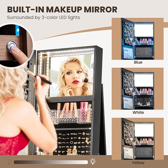 CHARMAID Swivel LED Mirror Jewelry Cabinet Armoire, Full Length Mirror with Storage, 3 Color & Adjustable Lights, Lockable Standing Jewelry Organizer with Lighted Mirror (Black)
