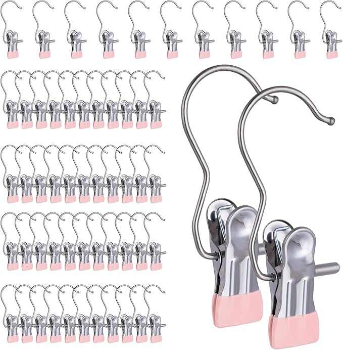 50PCS Space-Saving Clothespin, Portable 360° Rotating Stainless Steel Hanging Hook Clips Towel Clips,Laundry Hooks Hanging Clips with Clips for Home and Travel, Pink