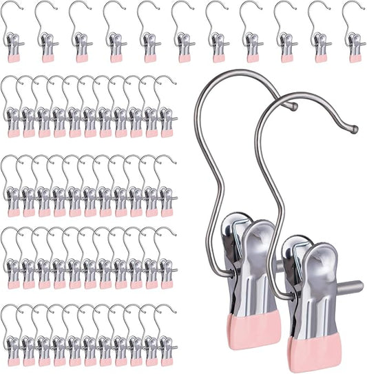 50PCS Space-Saving Clothespin, Portable 360° Rotating Stainless Steel Hanging Hook Clips Towel Clips,Laundry Hooks Hanging Clips with Clips for Home and Travel, Pink