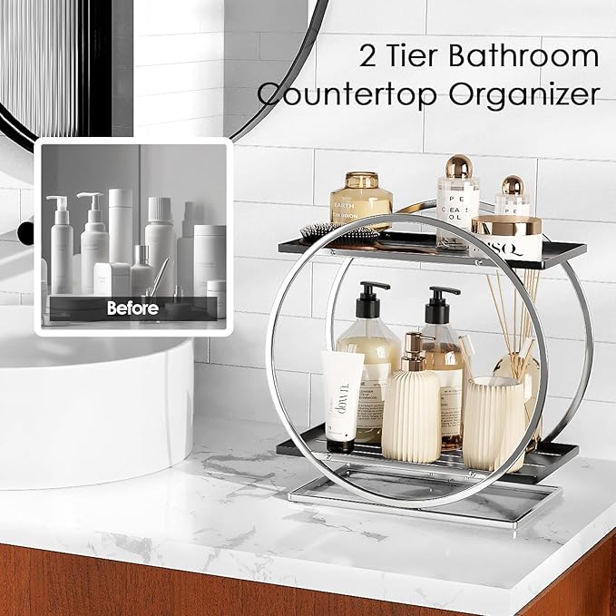 2-Tier Bathroom Organizer Countertop, Silver Black Perfume Organizer for Dresser, Multi-Purpose Makeup Organizer, Large Cosmetic Skincare Organizers, Exquisite Vanity Storage, Ideal for Gift