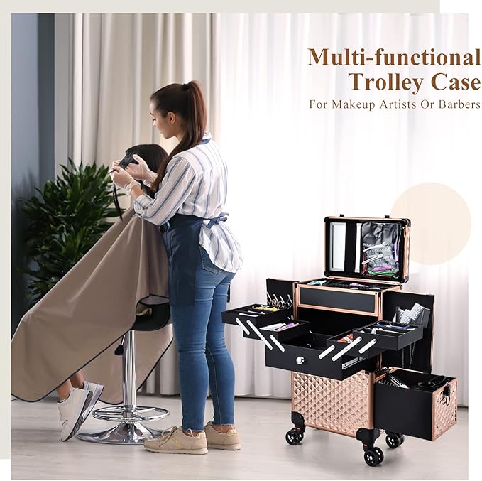 Adazzo Professional Makeup Artist Rolling Train Case Multi-functional Cosmetic Train Case Large Trolley Storage Case for Nail Technicians Cosmetology Case for Hairstylist Rose Gold
