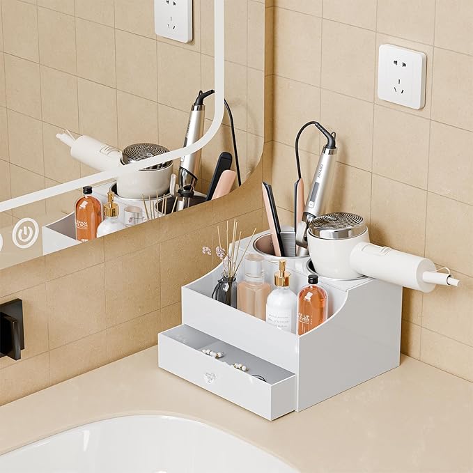 Hair Tool Organizer, Acrylic Hair Blow Dryer Holder Stand with Drawer for Straightener and Curling Storage, Bathroom Vanity Countertop Organization for Makeup Accessories - White