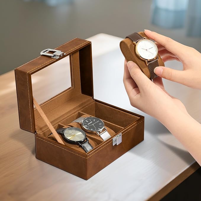 Uten 3-Slot Watch Box, PU Leather Watch Case with Glass Lid, Watch Holder Organizer with Soft Pillow and Velvet Lining, Watch and Jewelry Storage Box, Brown