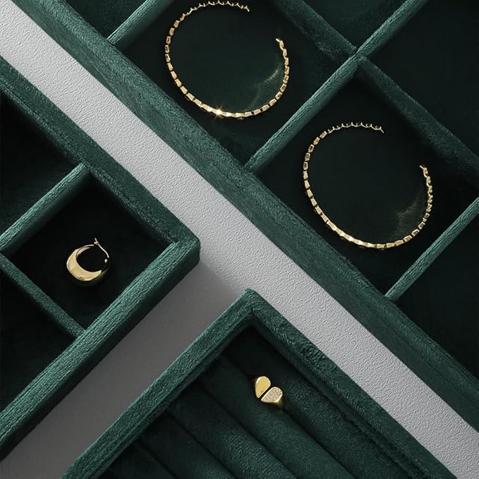 Velvet Stackable Jewelry Display Tray, 12 Grid Watch Bangle Bracelet Storage Tray, Makeup Drawer Insert Jewelry Shop Organizer Plate (Green)
