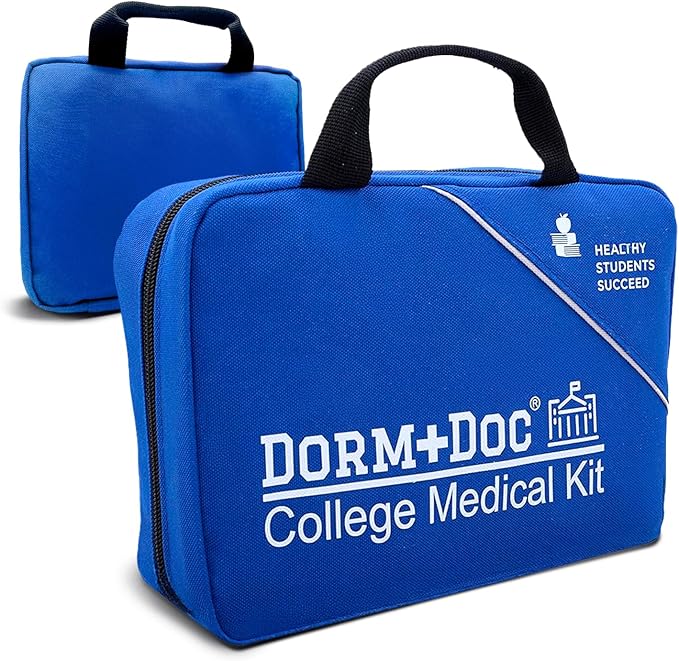College First Aid Kit – Compact Emergency Medical Kit for Dorm Rooms, School, Sports – with Bandages, OTC Medicines for Relief, Gauze, Quick Care Set – Portable Health Kit - 175 PCS, Blue