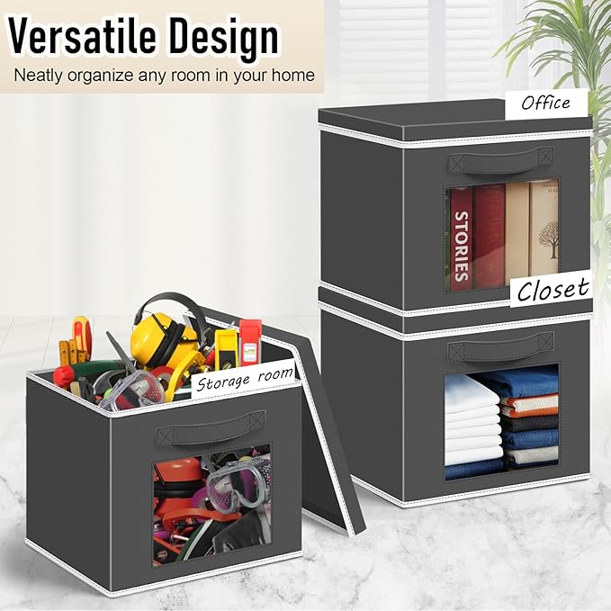 10 Pcs Fabric Storage Cube with Lid 11x11 Inch Fabric Storage Bins with Window Handle Collapsible Cube Organizer Basket for Shelves Closet Bedroom Office Clothes Book Stuffs (Dark Gray)