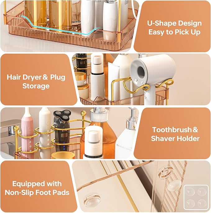 Bathroom Counter Organizer with Hair Dryer Holder and Toothbrush Holder, Acrylic Vanity Tray for Skincare, Perfume, Makeup Storage on Countertop ＆ Dresser (Amber, 3-Tier)