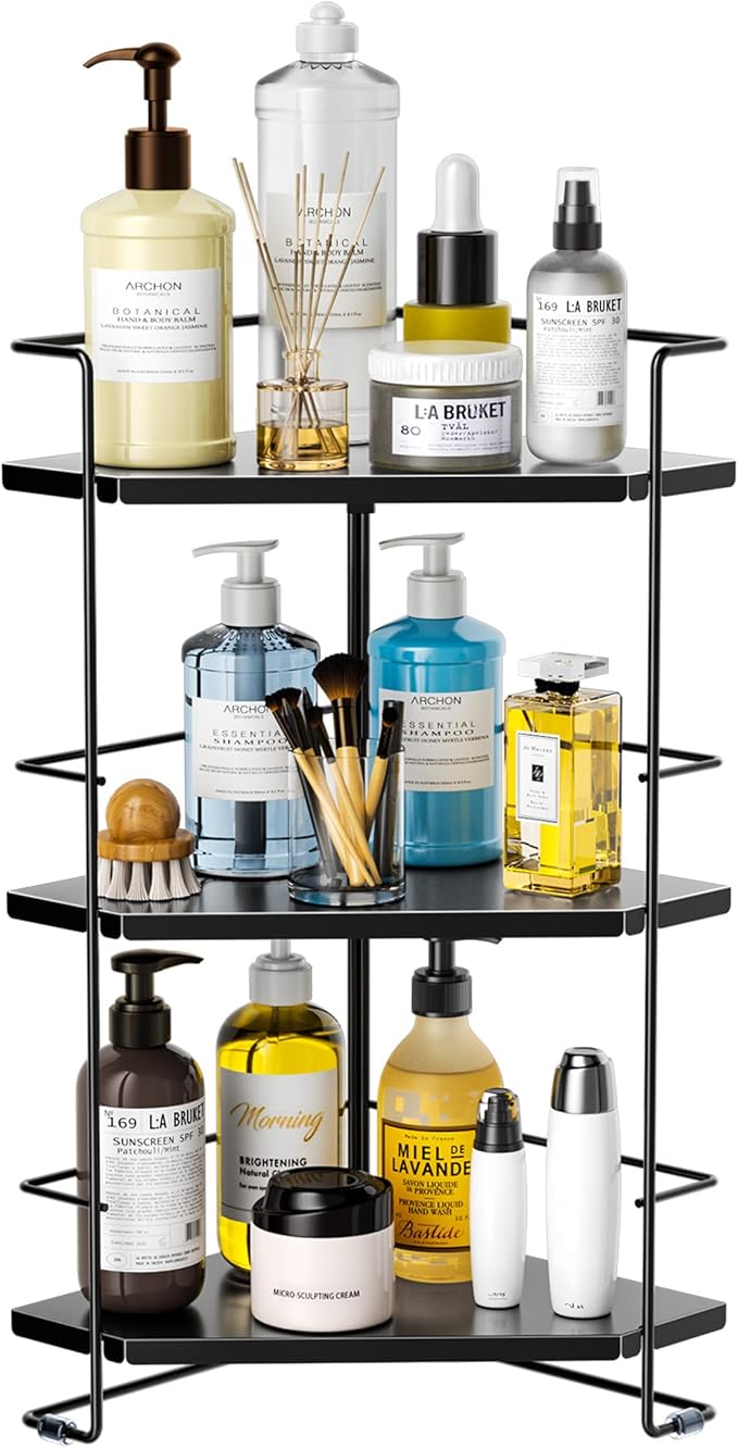 3-Tier Bathroom Organizer, Bathroom Counter Organizer, Bathroom Organizers and Storage for Bathroom, Kitchen Counter, Corner Storage Shelf for Bedroom Storage Makeup Skincare Perfume (Black)