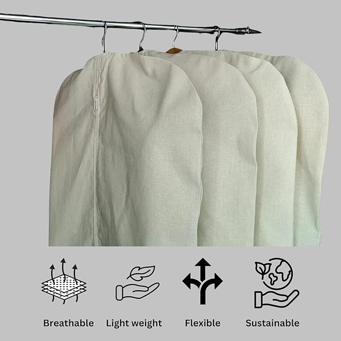 Garment Bag for Hanging Clothes – Organic Cotton Suit & Coat Cover with Zipper | Breathable Closet Organizer for Travel & Storage (X-Large (24"x60"), Off-White)