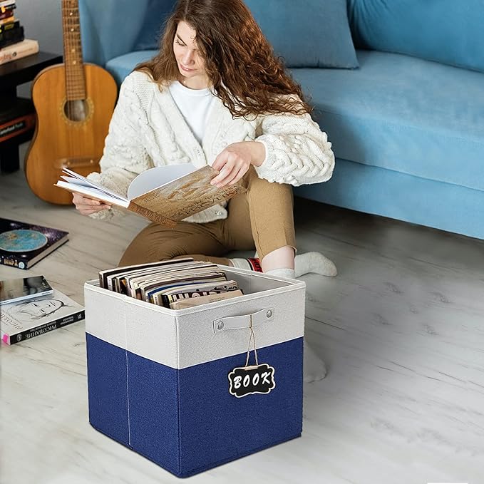 13x13x13 Inch Large Foldable Fabric Linen Cube Storage Bins【4-pack】, with Cotton Handles Closet Bins for Cabinet Shelves Home Organization and Storage bins(White&blue)