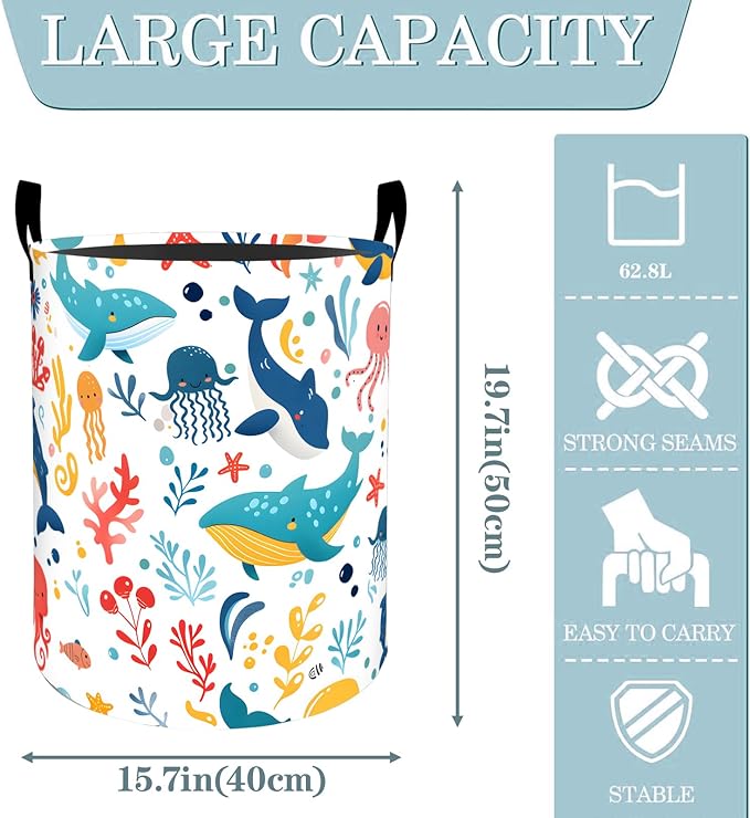 Ocean Whale Dolphin Octopus Laundry Basket, Dirty Collapsible Clothes Toy Organizer Hamper for Kids Adults, Oxford Cloth Waterproof Storage Bin for Bathroom Coastal Decor Gifts, 19.7"X15.7"
