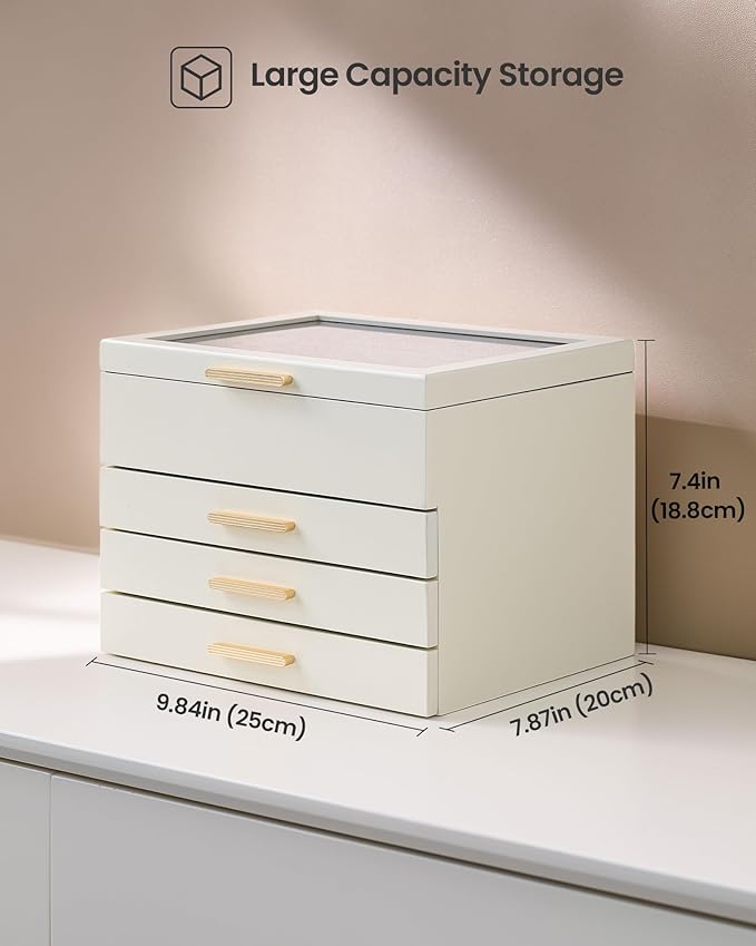 Lolalet Jewelry Box, Clear Window Wood Grain Jewelry Storage for Earrings Bracelets Necklaces Rings, High Capacity Organizer for Women -Beige, 4 Layers
