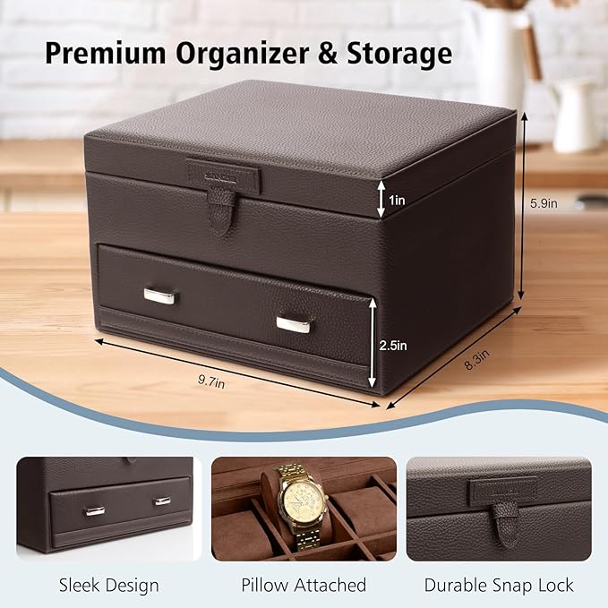 SANZIE 16-Slot Watch Box for Mens Watch Case with Removable Watch Pillows, Watch Holder Organizer Watch Storage with Brown Synthetic Leather (Brown)