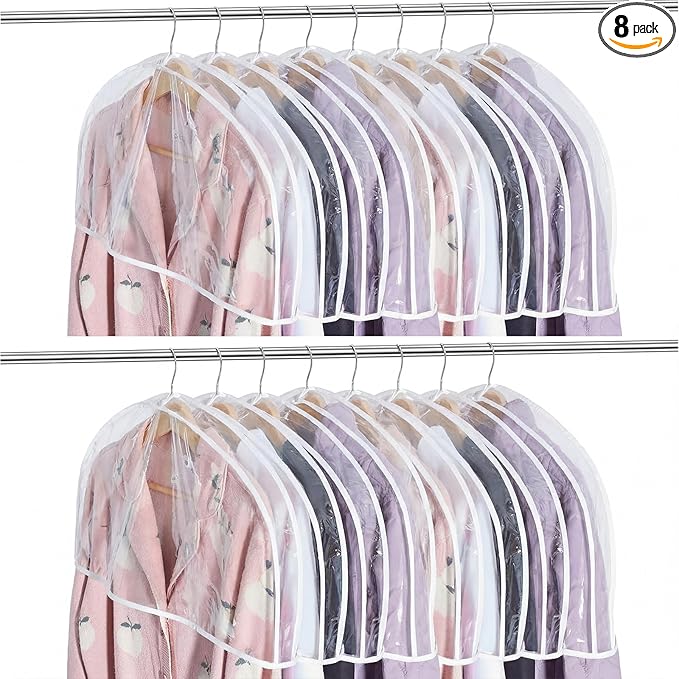 Patelai 8 Pcs Shoulder Covers for Hanging Clothes 24 x 12 x 2 Inches Plastic Garment Dust Covers Protectors with 2" Gusset for Closet Storage Suit, Coats, Jackets, Dress Closet Storage (Transparent)