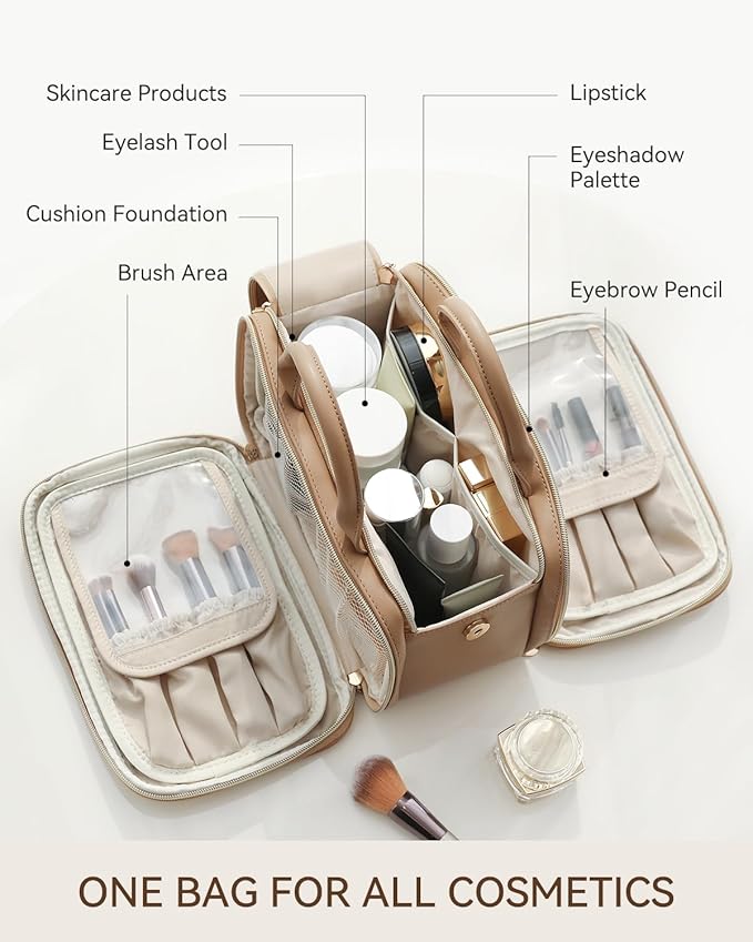 Prite Travel Makeup Bag Women’s Large Capacity Waterproof Cosmetic Organizer Portable Open Flat Toiletry Case with Free-standing Brush Holder and Handle(Beige Brown Medium)