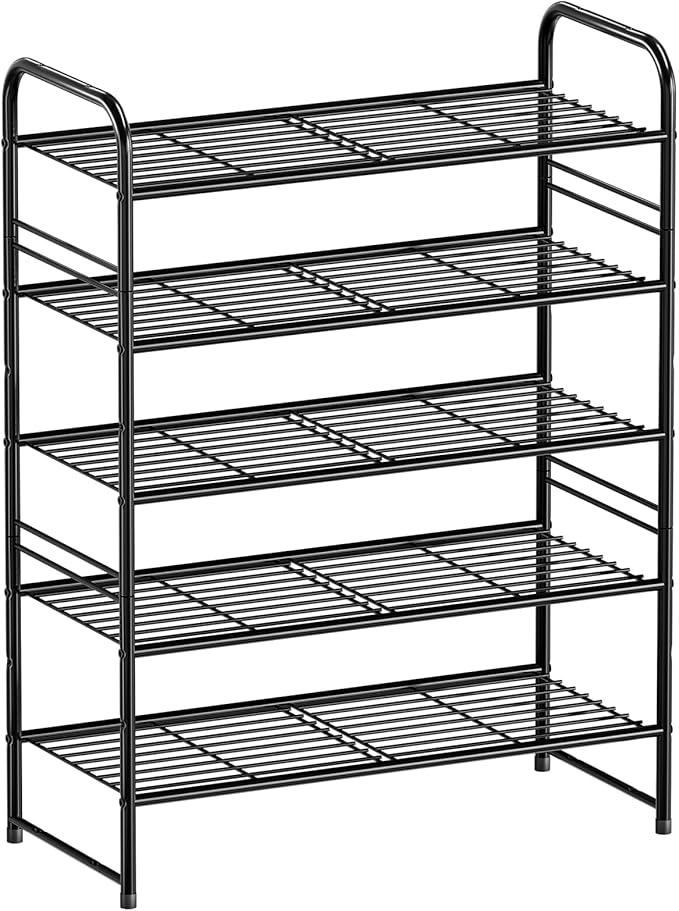 5 Tier Shoe Rack Closet Metal Heavy Duty, Stackable, Black