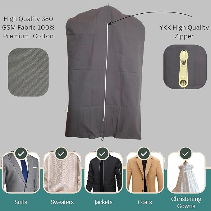 Garment Bag for Hanging Clothes – Organic Cotton Suit & Coat Cover with Zipper | Breathable Closet Organizer for Travel & Storage (Small (24"x35"), Gray)