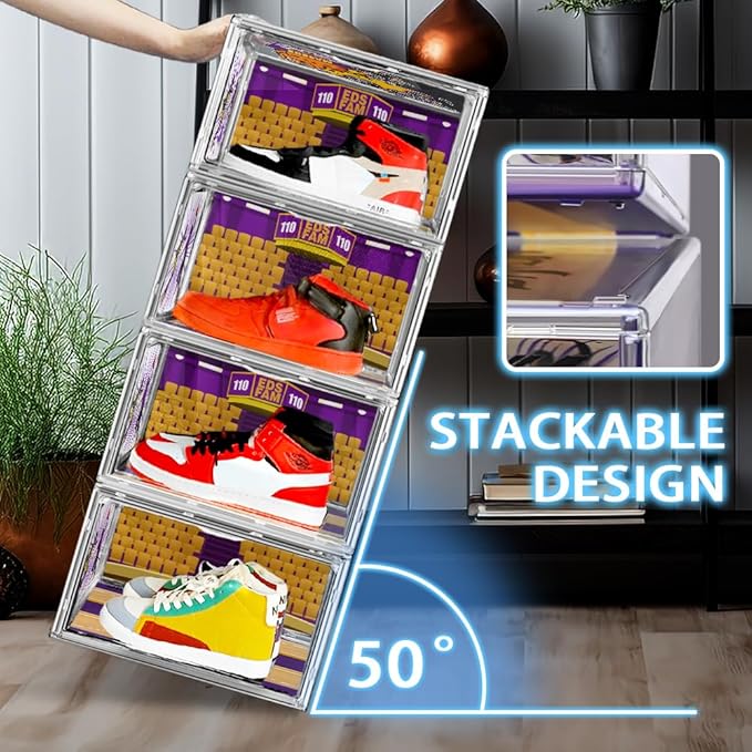 10 Pack Acrylic Shoe Box Size 14, Transparent Basketball Sneaker Case Shoe Orgainizer Storage Bins Clear Plastic Stackable Handbag Purse Hats Organizer Containers with Lids